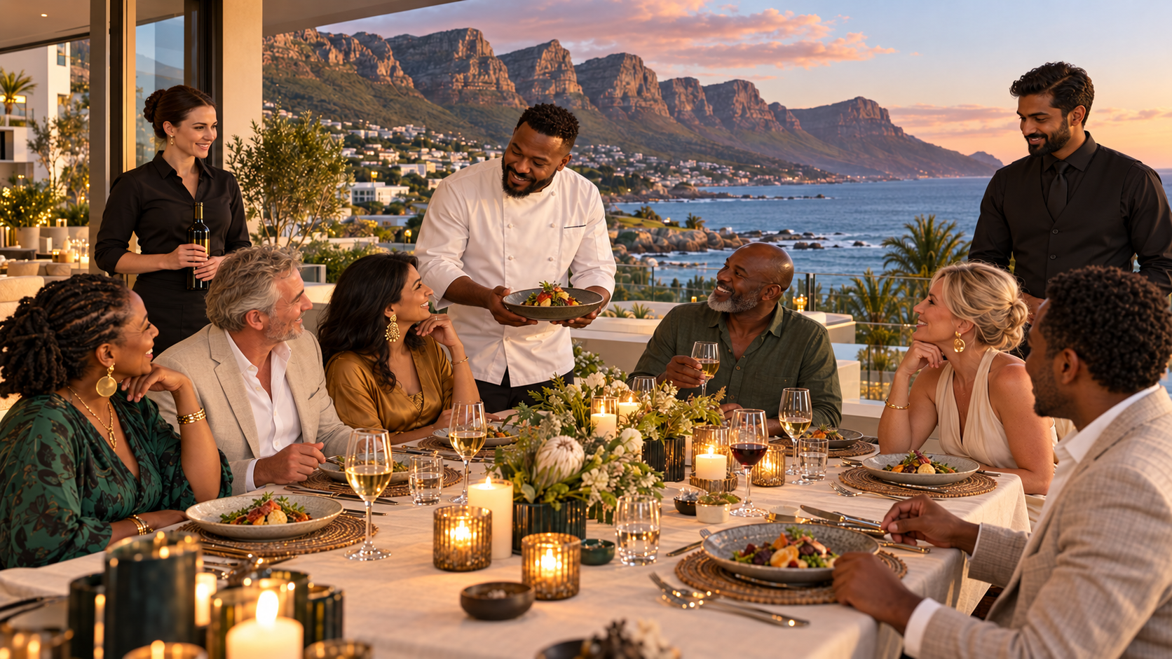 Illustrative Camps Bay private-chef dinner with diverse guests and hospitality staff